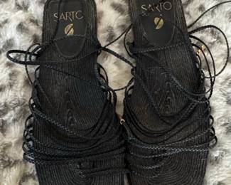 Sarto Black Woven LaceUp Flat Sandals