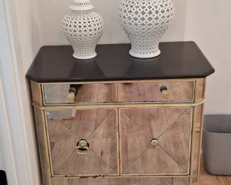 Z Gallerie Borghese Mirrored Accent Cabinet with Black Granite Top and Two Ginger Jars