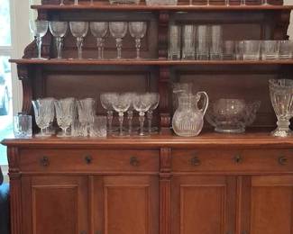 Victorian Walnut Sideboard with Etched Glassware and Mirrored Back