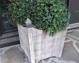 Rustic Wooden Planter with Faux Boxwood and Lights