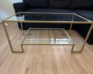 Modern Gold Metal and Glass Coffee Table with Shelf