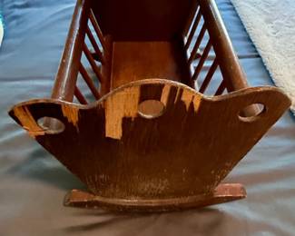 Vintage Wooden Doll Cradle Rocker with Scalloped Top second image
