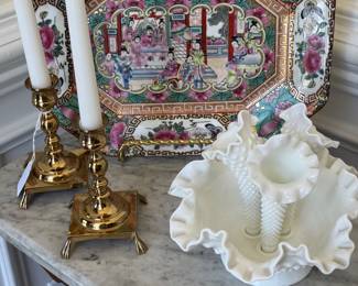 milk glass epergne plus brass candlesticks with famille rose platter