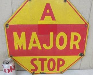 1927 Porcelain A Major STOP Sign - 18" x 18" - Dated 1927 on Back