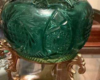 Fenton green glass bowl on brass stand