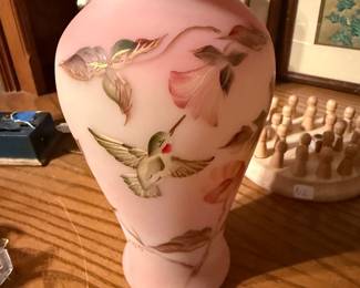 Fenton Burmese Morning Glories and hummingbird vase