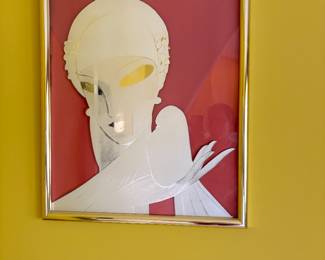 1970 Art Deco Woman and Dove paint on glass painting