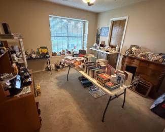 Antique dresser with mirror, books, computer table, photo frames and decor and more