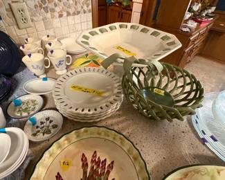 Pedestal cake plate or serving bowl, dishes, coffee cups and Green bread bowl