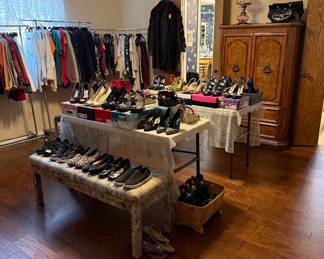 We have clothes, mostly small and medium and shoes, mostly size 6-6.5