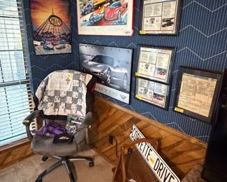 Desk chair, prayer blanket, library table and Corvette 