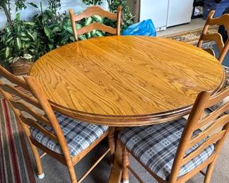 antique table - solid oak table and pedestal.  6 ladderback chairs