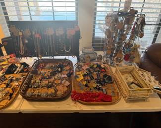 Bracelets, Cuff Links, Necklaces, Key chains, Broches, Individual stones, Watches, and a JAR OF JEWELS!
