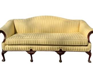 Chippendale Style Camelback Sofa With Rolled Arms & Carved Ball & Claw Feet