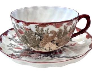 Vintage Japanese Kutani Hand Painted Eggshell Porcelain Cup & Saucer – Signed