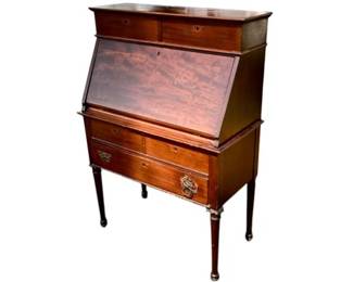 Vintage Slant Top Mahogany Secretary With Interior Cubbies & Drawers