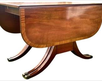 Duncan Phyfe Style Drop Leaf Mahogany Dining Table – Satinwood Banding, 3 Leaves, Custom Table Pads