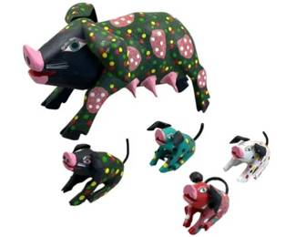 Mexican Folk Art Hand Carved & Painted Wooden Mama Pig And Her 4 Babies, Signed