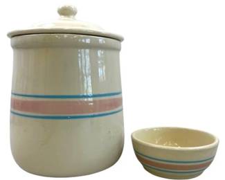 Vintage McCoy Pottery Pink And Blue Banded Canister And Small Bowl