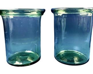 Set Of Two Large Green Glass Hurricanes – Hand Blown, Pontil Mark On Base