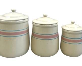 Vintage McCoy Pottery Pink And Blue Banded Canister Set