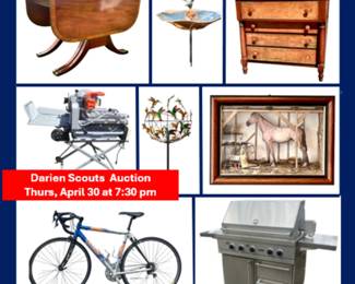 Charity auction. Strong across categories — designer mid-century outdoor furniture, signed decoys, Stiffel lamps, original art, and more.