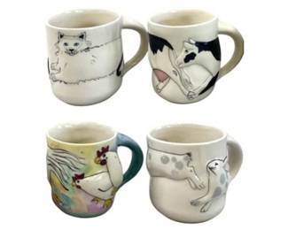 American Folk Art Pottery – Signed – Animals & Company Mugs: Cat, Cow, Chicken, Bunny, 1987