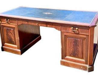 Leather Top Partners Desk – Crotch Mahogany Raised Inset Panels, Storage Cupboards, Original Keys, Brass Pulls