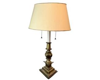 Mid-Century Classic Brass Table Lamp With Triangular Base And Silk Shade – 32" High – Likely Stiffel
