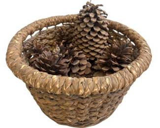 Round Woven Basket With Pine Cones