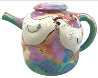 American Folk Art Pottery – Signed – Animals & Company Teapot #355, 1987