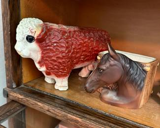 Ceramic Hereford Bull Planter and Horse Head Planter