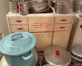 Vintage Tin Litho Toy Kitchen Stove and Pots Set - Wolverine
