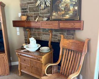 Antique Tiger Oak Spindle Back Rocking Chair with Carved Details