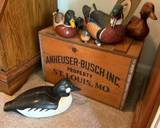 Vintage Wooden Duck Decoys and Anheuser-Busch Crate