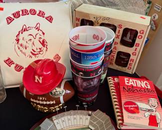 Nebraska Cornhuskers Football Memorabilia Lot with Ezra Brooks Decanter and Autographed Cookbook