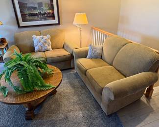 Vintage Oak Coffee Table and Two Upholstered Sofas