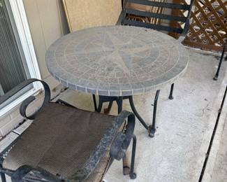 Mosaic Top Bistro Set with Wrought Iron Chairs and Compass Rose Motif