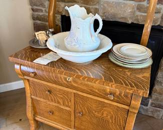 Tiger Oak Washstand with Pitcher and Bowl
