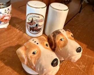 Vintage Dog Head Salt and Pepper Shakers with Nebraska Covered Wagon Souvenir Shaker