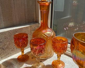 Indiana Glass Tiara Sandwich Amber Carnival Glass Decanter Set