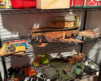 Assorted Vintage Toys and Collectibles including LEGO, Ginny Doll, Roy Rogers Playset, Bonanza Comics, and G.I. Joe Figures