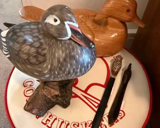 Hand-Carved Wooden Duck Decoy Set with Cornhuskers Stool and Knives
