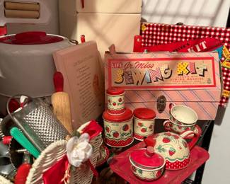 Vintage "Life Jr. Miss" Sewing Kit and Strawberry Tea Set