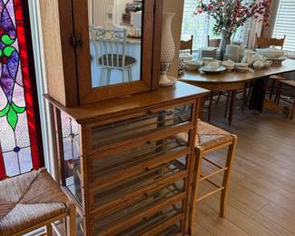 Antique Oak Haberdashery Cabinet with Six Glass-Front Drawers