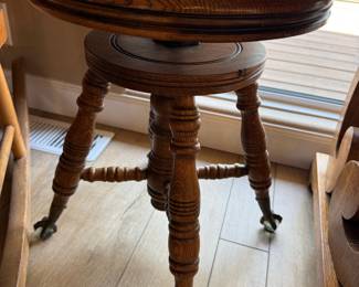 Antique Oak Piano Stool with Glass Ball and Claw Feet