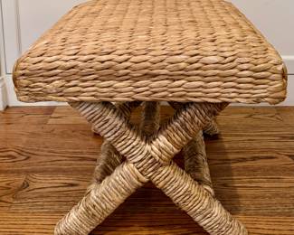 (2) Woven Water Hyacinth Wood Stools
