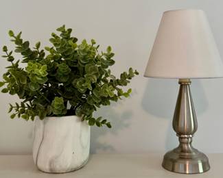 Faux Boxwood Arrangement & Brushed Chrome Table Lamp