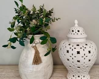 White Washed Vase with Faux Arrangement & Pierced Urn