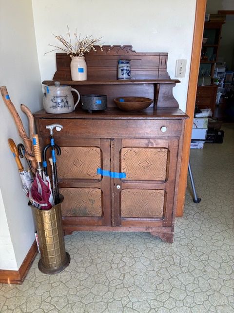 Antique pie safe, various umbrellas & walking canes/sticks, primitives